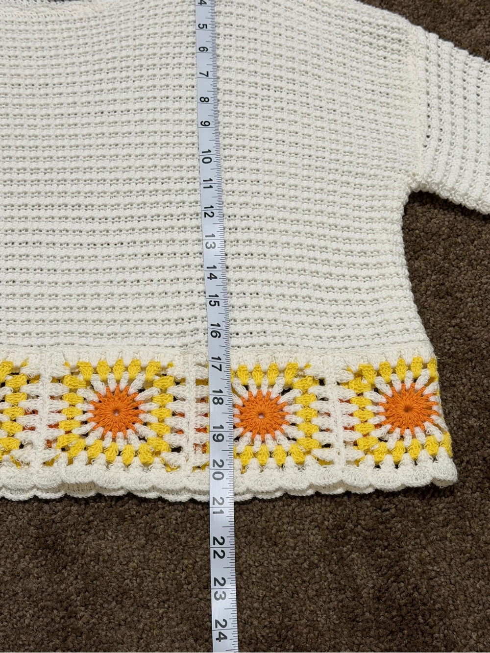 Sincerely Jules White Crochet Crewneck Sweater with Yellow & Orange Floral Trim - Picture 4 of 5